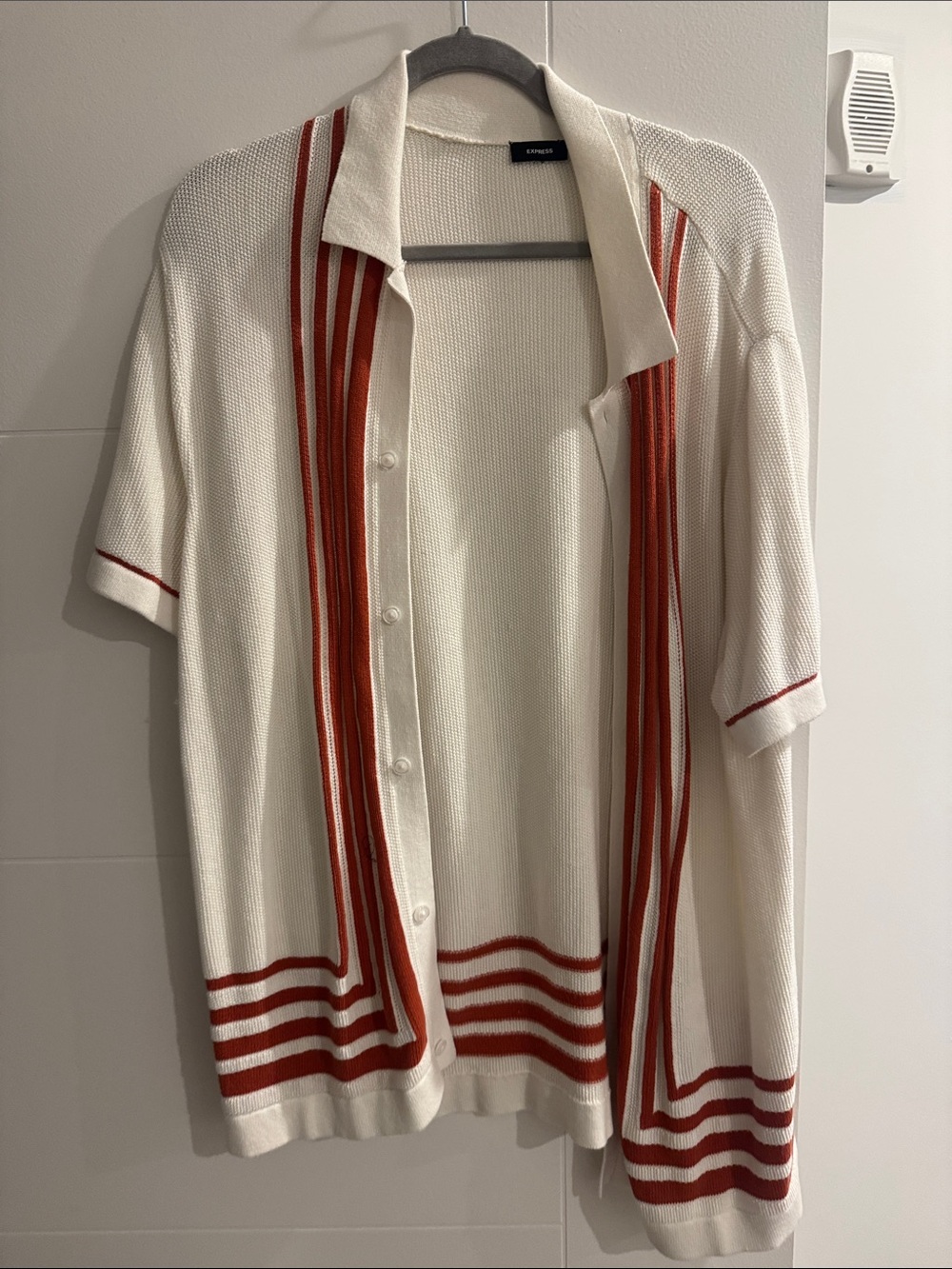 Express Cream Short-Sleeve Button Cardigan with Rust Stripe Detail